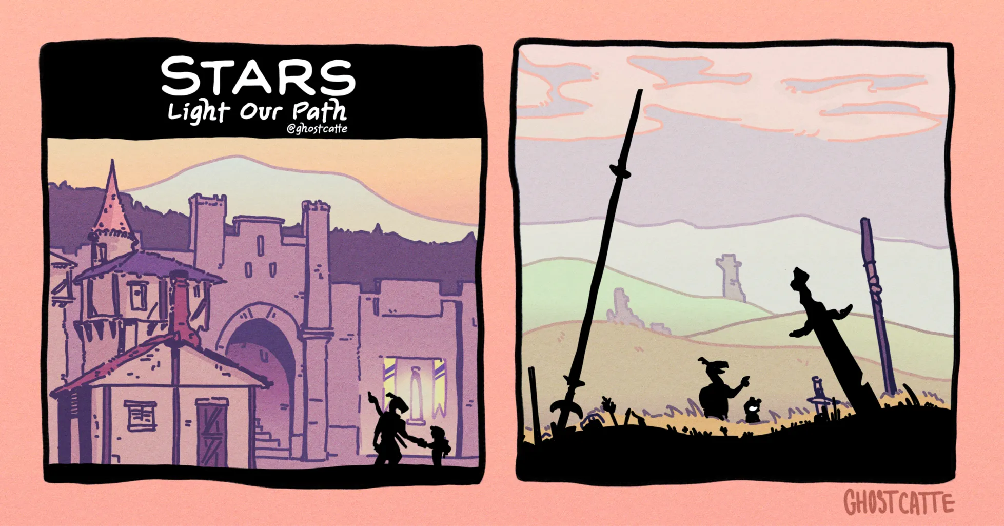 two panel comic page. the first panel is set in a town where the silhouettes of Ruko and Sky shake hands. the second panel is set on grassy hills. the remnants of large swords and spears are scattered around, and Ruko and Sky walk by cheerily.