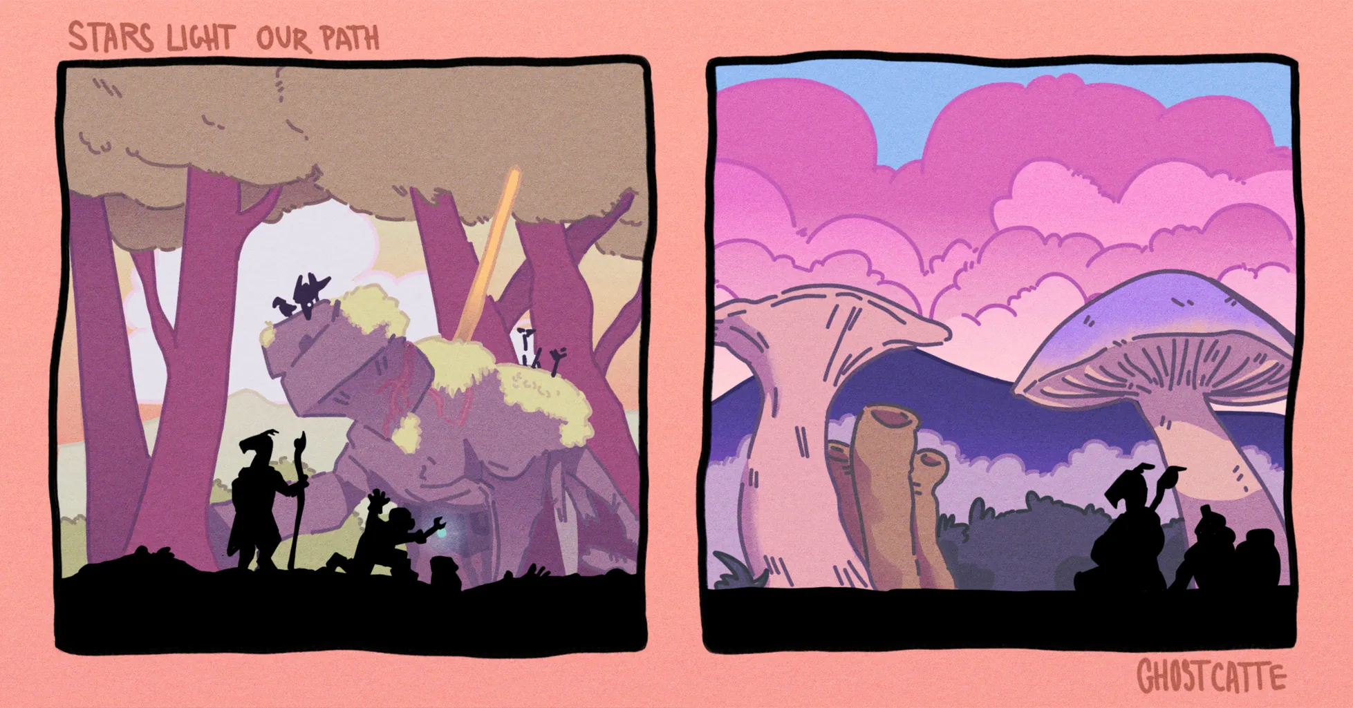 two panel comic page. the first panel is set in a forest area. the silhouettes of Ruko and sky are in front of a large stone golem. Sky is kneeling down in front of it with what appears to be a wrench, working at something glowing blue within the golem's chest. the second panel is set in an area with clouds, fog, and large mushrooms and coral like shapes. the silhouettes of Ruko and Sky sit beneath the cap of a giant mushroom