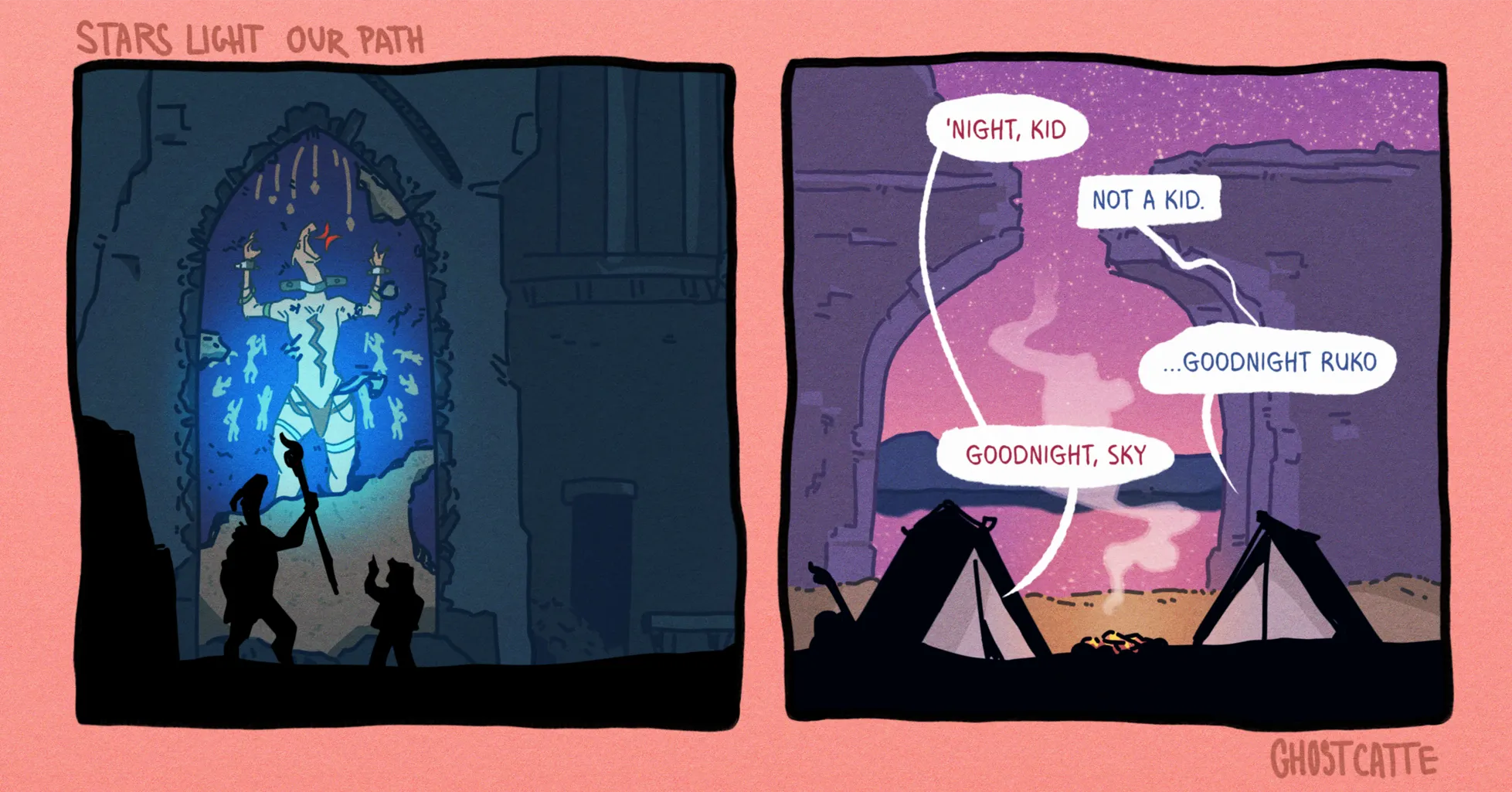two panel comic page. the first panel is set in a dim, ruined structure. the silhouettes of Ruko and Sky stand in front of a partially crumbled mural showing a draconic person shackled, with their mouth open towards a red star-shape. Ruko holds her staff up, casting a blue light. the second panel shows a starry sky, some ruins, and a lake reflecting the mountains and stars. the silhouettes of Ruko and Sky's tents are around a smoking fire. "'Night, kid", from the left tent. "Not a kid. ...Goodnight Ruko", from the right. "Goodnight, Sky" from the left tent again.